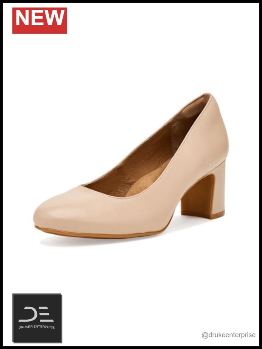 Women's Round Toe Block Heel Pump Leather Pull-On Comfort